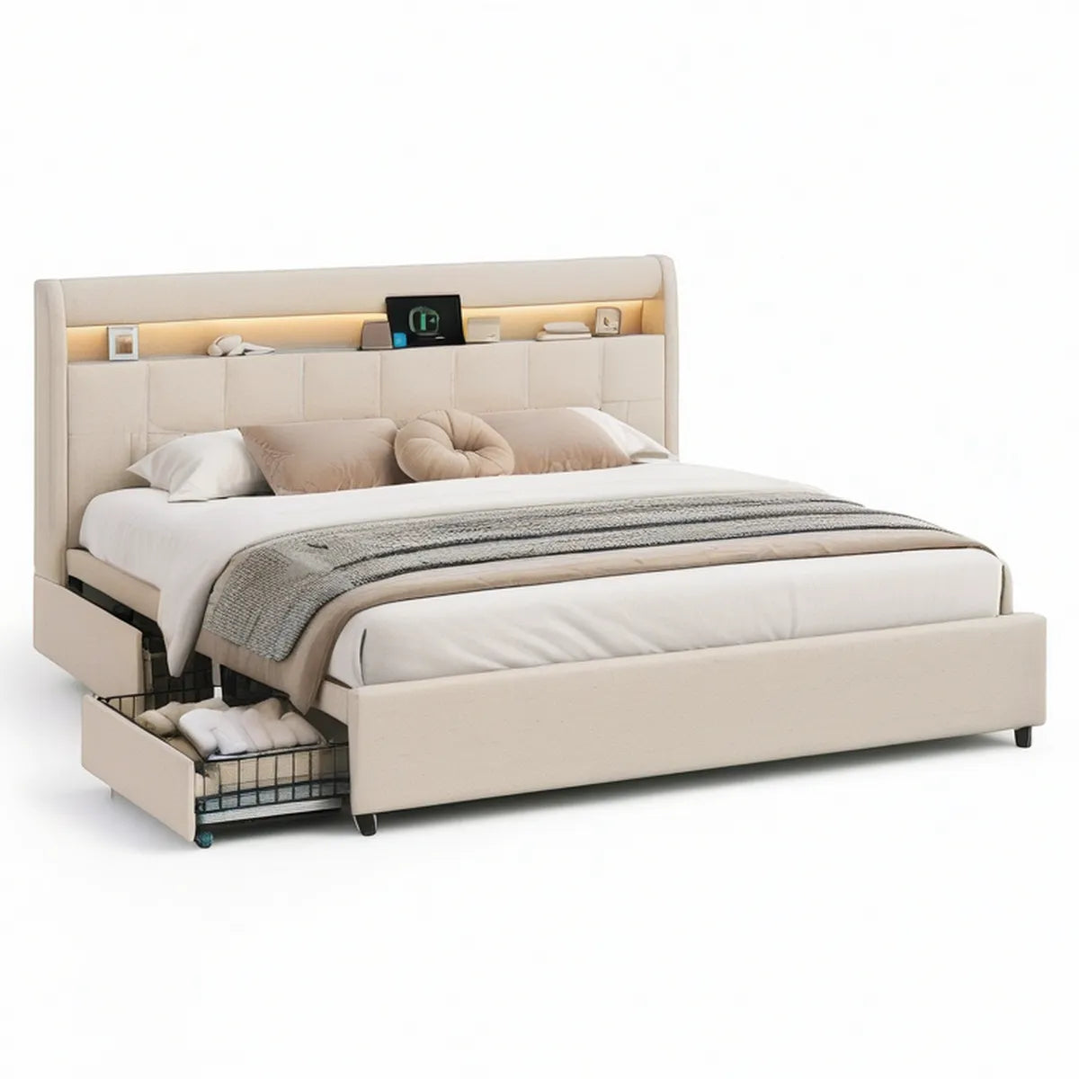 Beiges Polsterbett 180 x 200 cm mit LED-Kopfteil, Ablagefach und 2 Stauraumschubladen