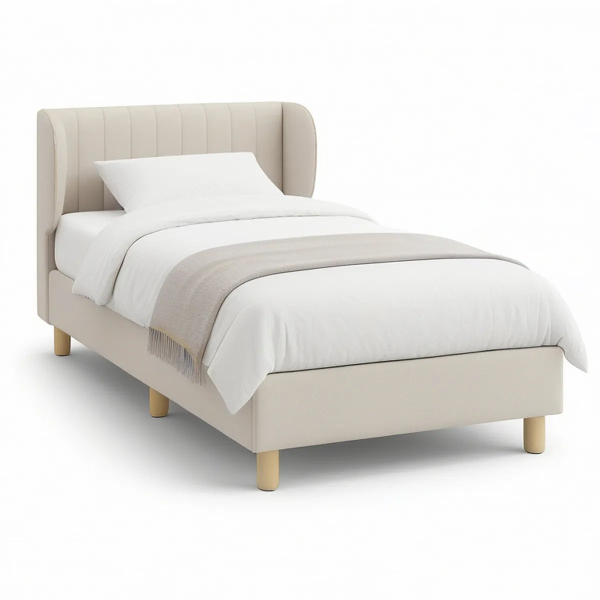 Gepolstertes Einzelbett 90 x 200 cm in Beige mit Naturholzfüssen