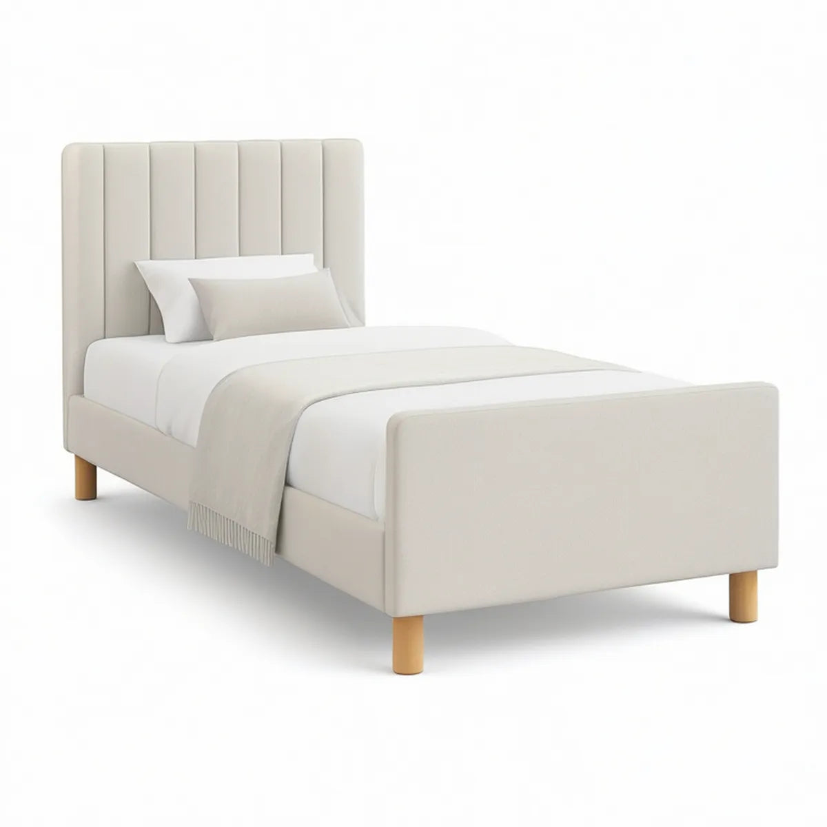 Gepolstertes Einzelbett 90 x 200 cm mit hohem Kopfteil, Creme