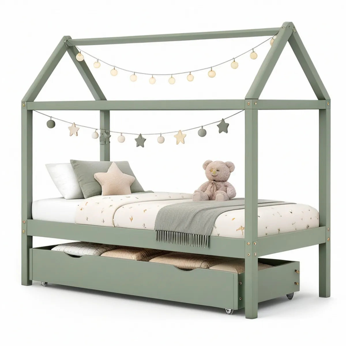 Kinder-Hausbett aus massivem Kiefernholz mit Ausziehbett, 90 x 200 cm, Salbeigrün